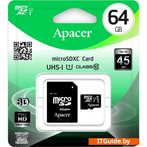 Apacer microSDXC (Class 10) 64GB + адаптер [AP64GMCSX10U1-R] ver4